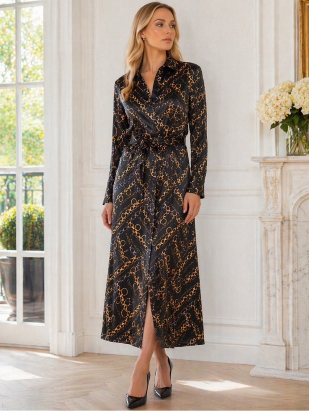 New Elie Tahari Black Maxi Dress with Gold Chain Print size L